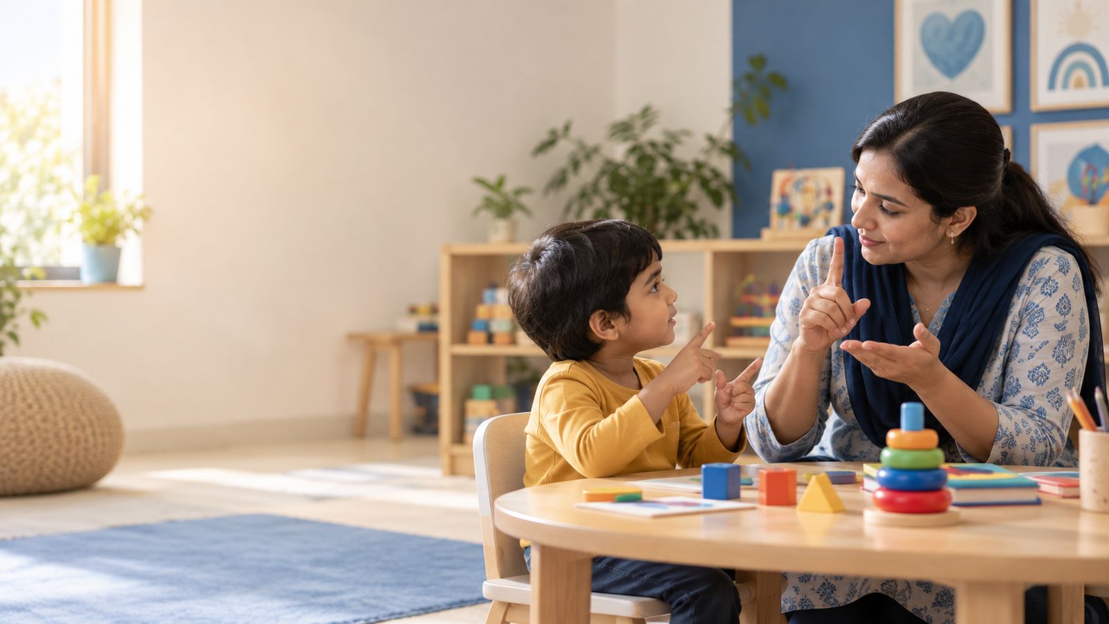 A teacher and a boy sign to each other across a table of wooden blocks.