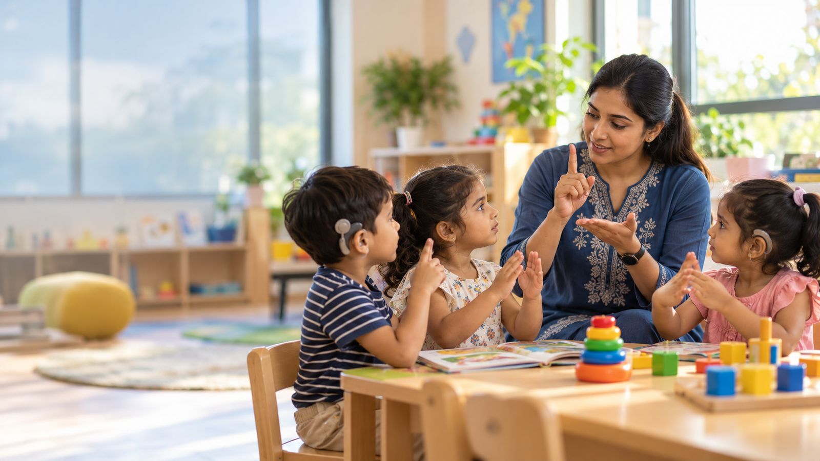 Children with hearing aids practise signs with their teacher at a table.