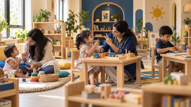 Three age groups in one room: a baby with her mother on the floor, a toddler signing with an educator at a table, and an older boy working at a desk.