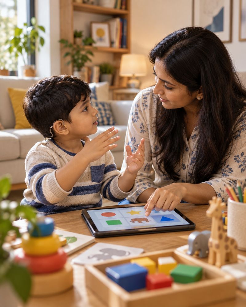 A mother and her son, who wears a hearing aid, use the Ishara Kids app on a tablet at home, signing as they play.