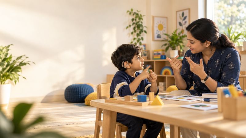A boy with a hearing aid and his educator sign to each other across a wooden table in a sunlit room.
