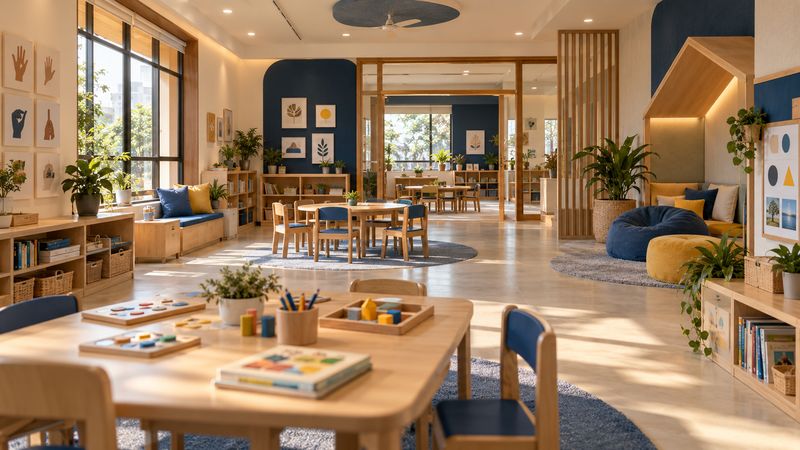 The Ishara Kids centre: a bright room with small wooden tables, blue and yellow cushions, plants and a cosy reading nook.