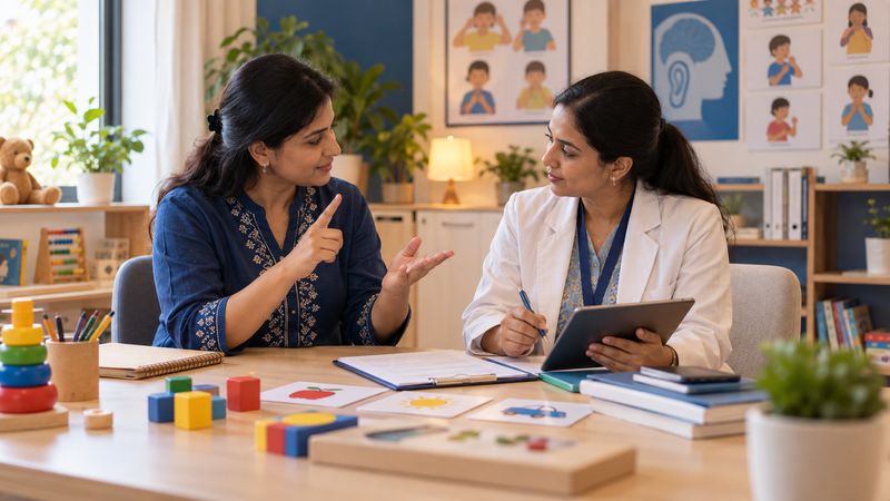 An Ishara Kids educator signs while talking with an audiologist in a white coat, who takes notes on a tablet.