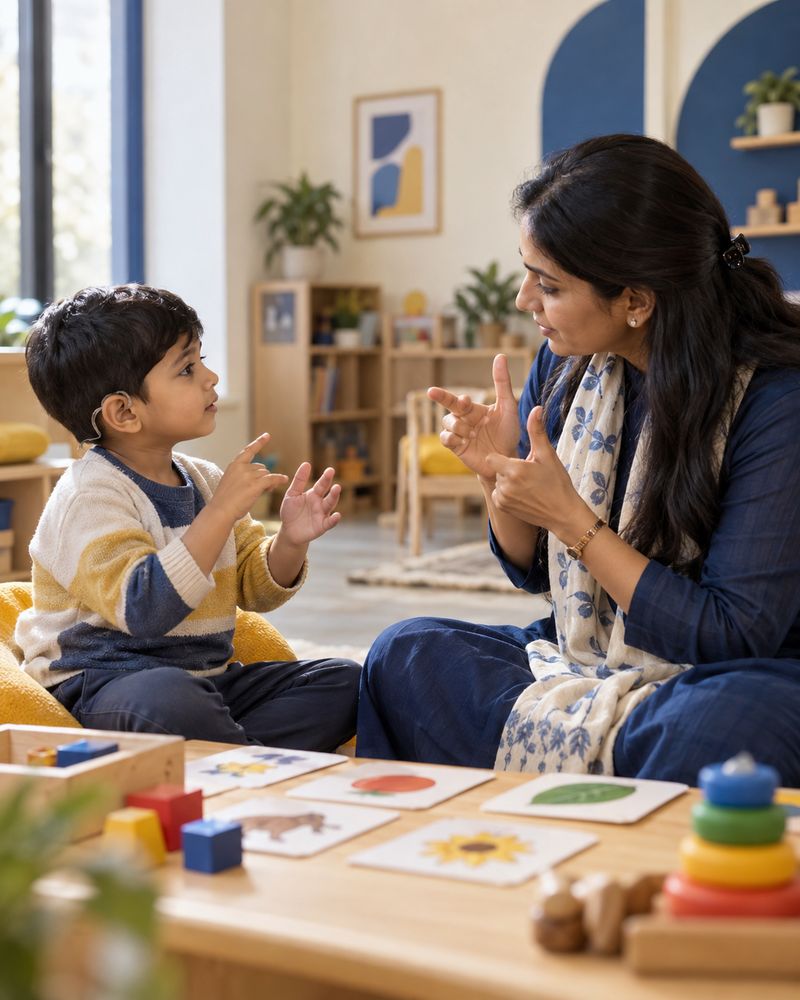 An educator and a young boy wearing a hearing aid sign to each other across a low table of picture cards at the Ishara Kids centre.