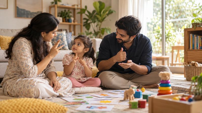 A mother, father and their young daughter sit together on the floor at home, all signing to each other.
