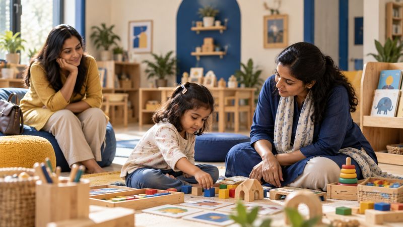 A girl plays with wooden blocks on the floor of the centre while an educator sits beside her and her mother watches from a beanbag.