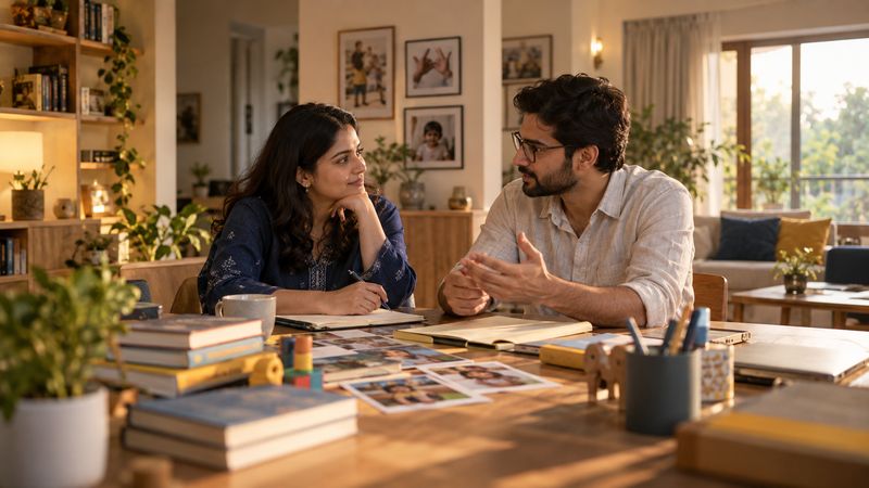 Neha Kumari and Alok Ranjan, the sister and brother who founded Ishara Kids, talking at a table.