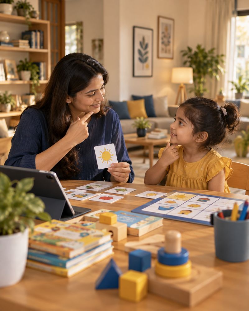 A mother holds up a sun picture card and signs while her daughter copies the sign at the family table.