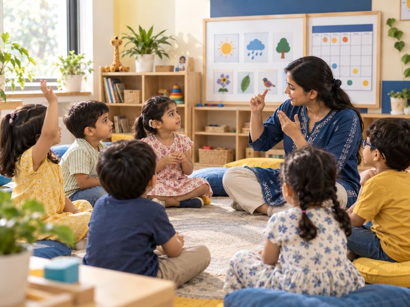 Morning circle: children sit in a ring on the rug while their educator signs, with picture cards and a calendar on the board behind her.