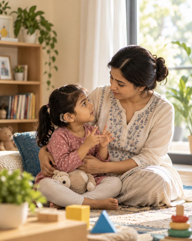 A mother holds her daughter, who wears a hearing aid, on her lap and they sign to each other.