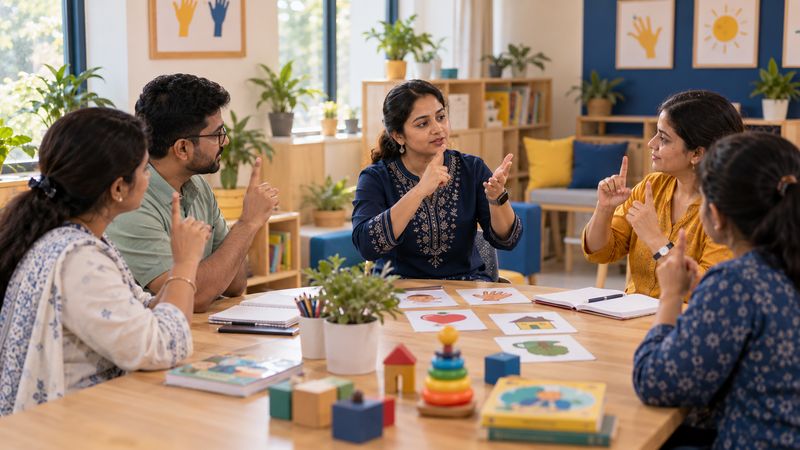 Parents practise signs together around a table during a weekly ISL workshop, led by an Ishara Kids educator.