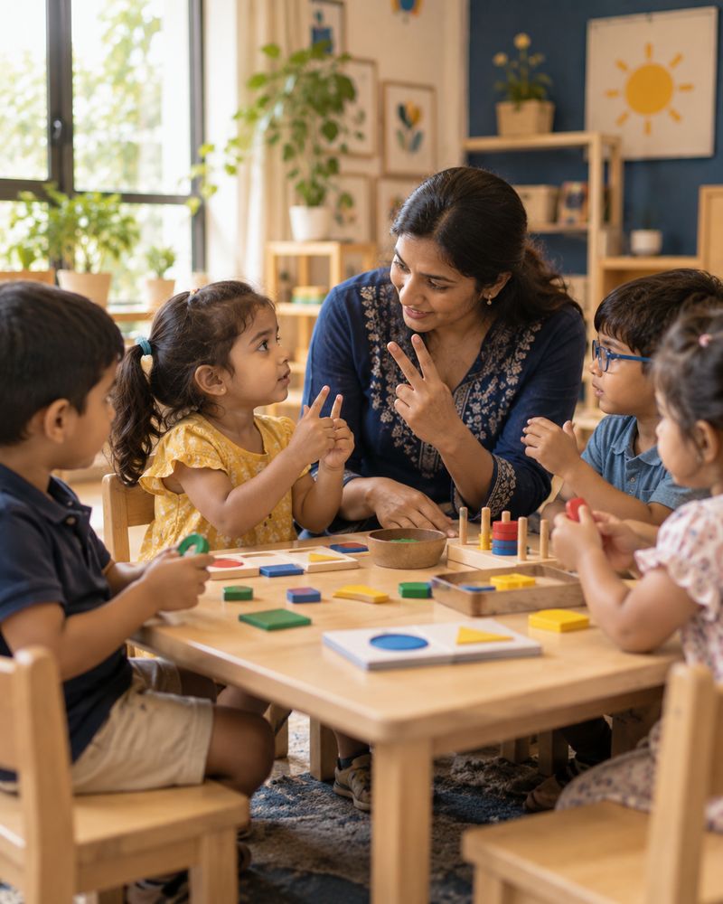 An educator signs with four young children seated around a small table with shape puzzles and coloured blocks.