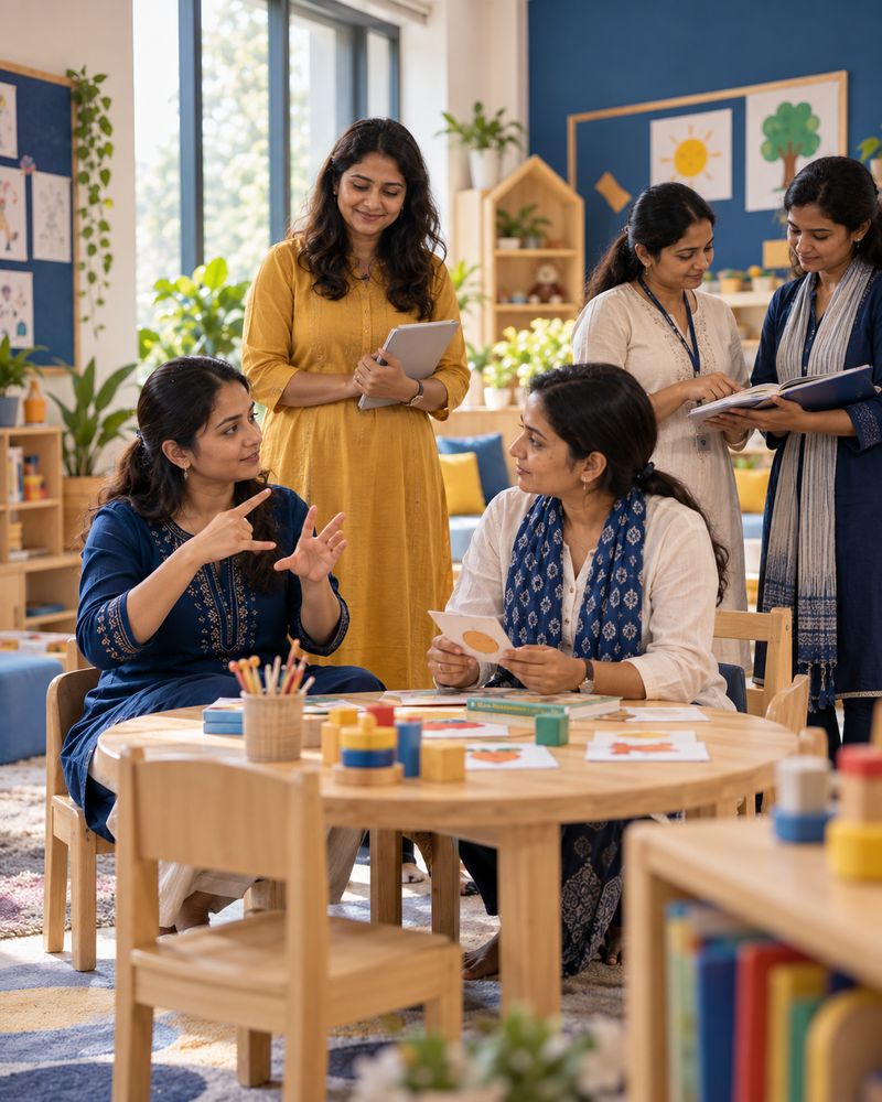 The Ishara Kids team of educators in the classroom: two signing at a low table while colleagues look through learning materials.